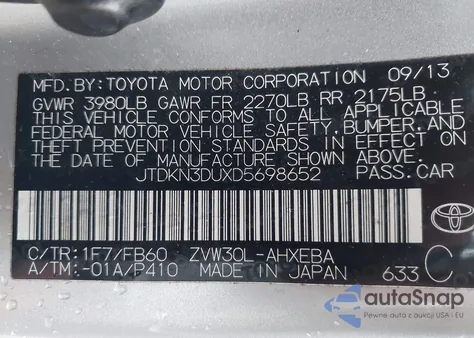 2013 Toyota Prius Two из США, поврежденный, VIN JTDKN3DUXD5698652